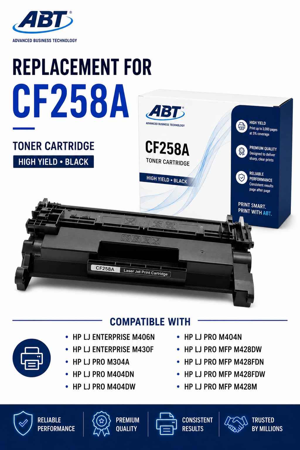 Front view of ABT compatible HP 58A CF258A toner cartridge black 2-pack packaging showing replacement details.