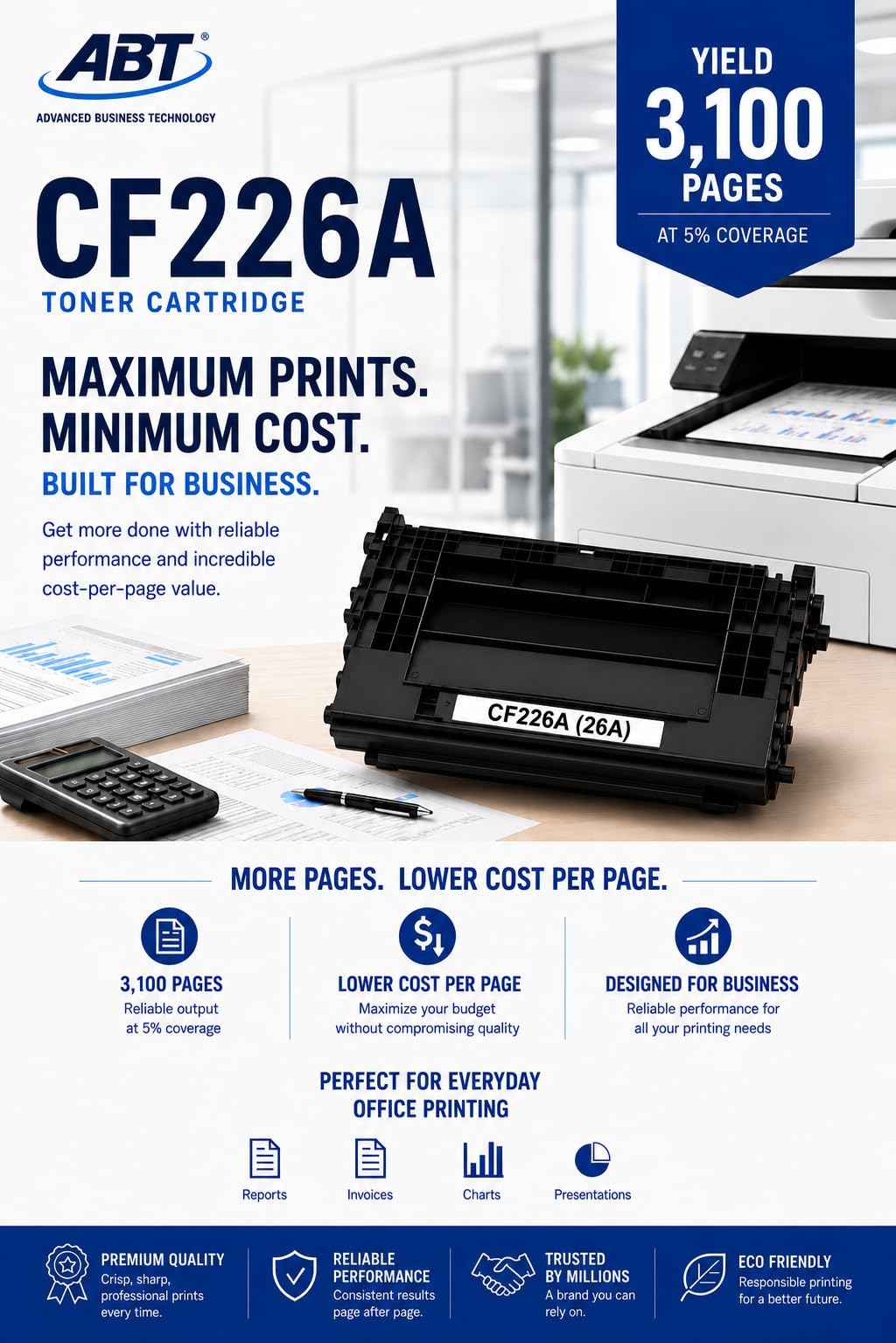 Front view of ABT CF226A toner cartridge 3-pack packaging in blue and white, compatible with HP printers.