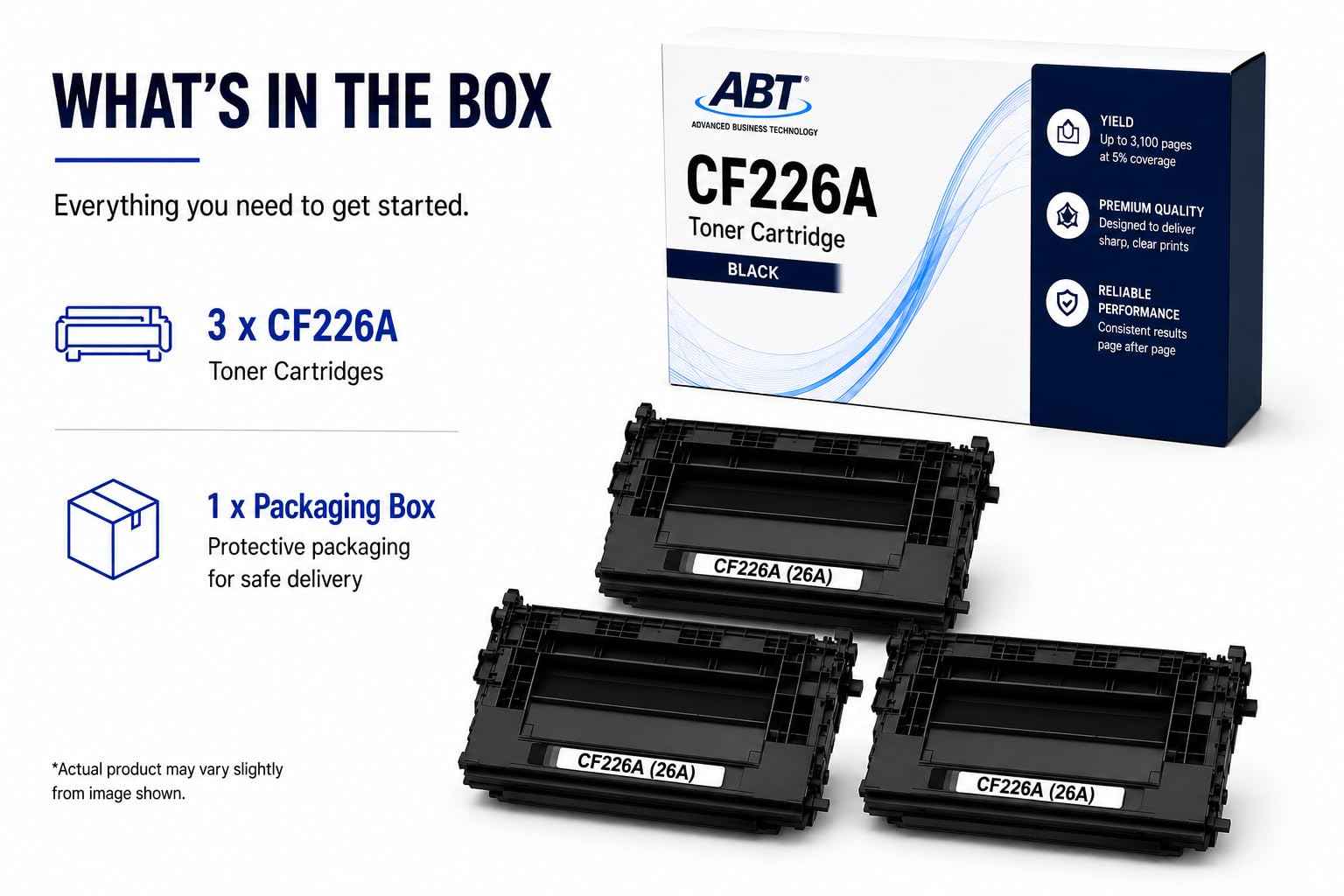 Front view of ABT CF226A toner cartridge 3-pack packaging showing three cartridges, compatible with HP printers.