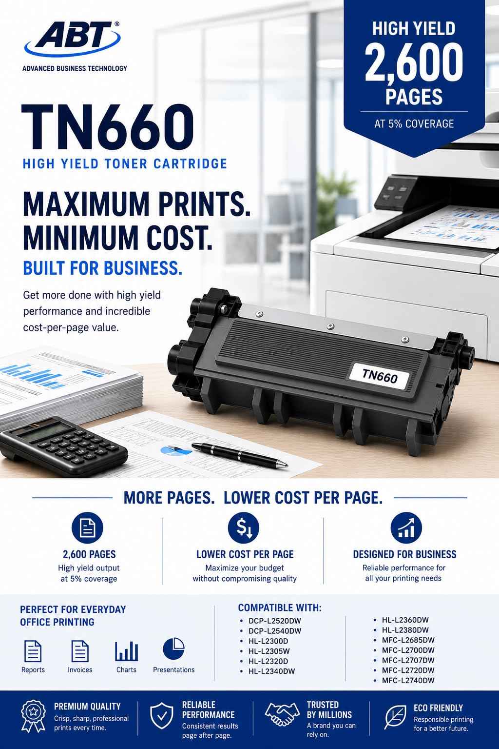 Front view of ABT TN660 toner cartridge packaging showing contents and features in blue and white.