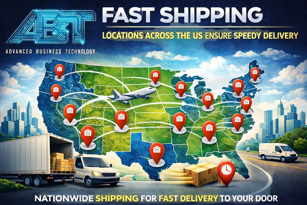 Lifestyle shot showing Advanced Business Technology shipping map with fast delivery locations and routes.