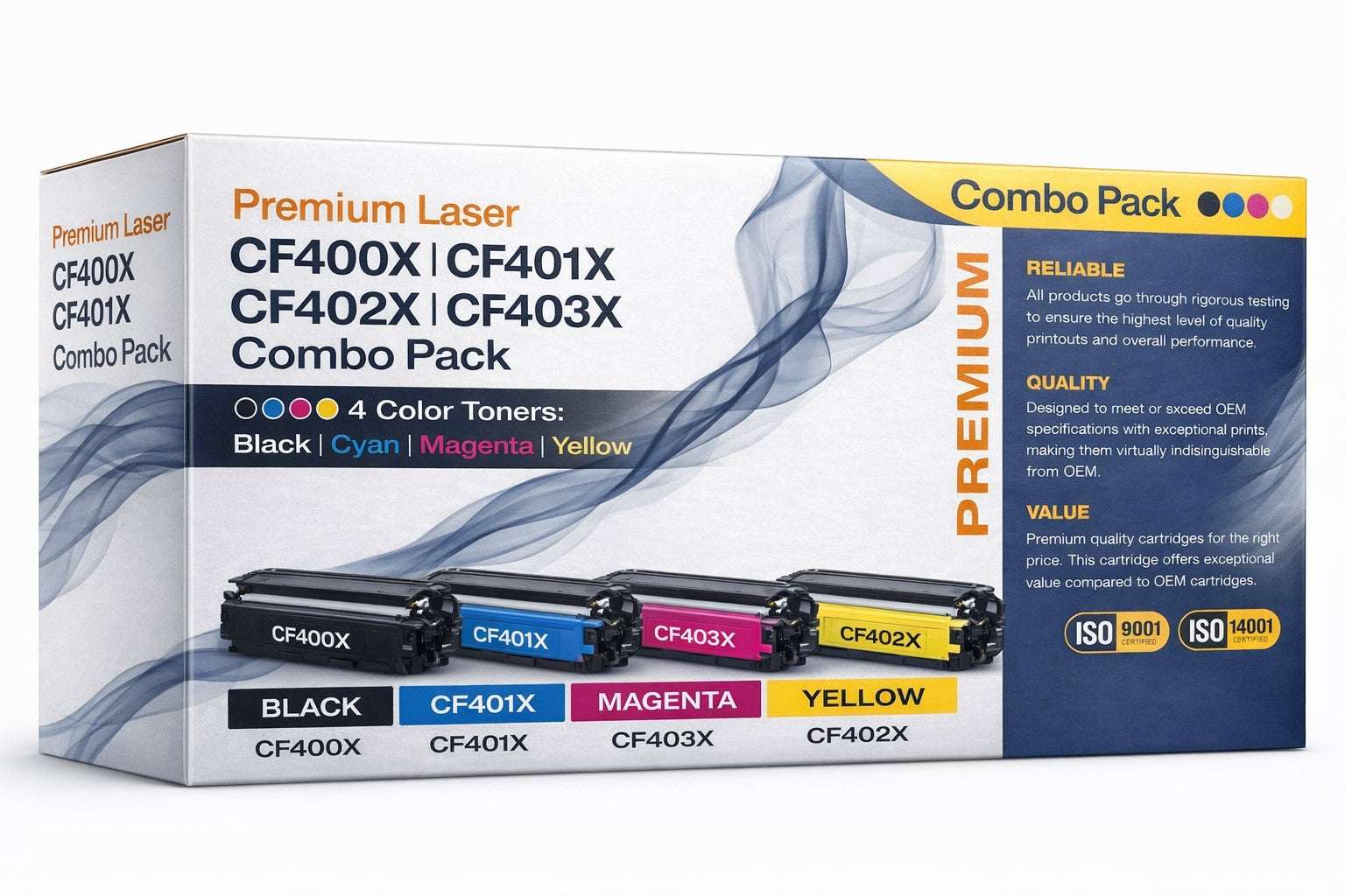 Front view of Advanced Business Technology toner cartridge 4-pack with black, cyan, magenta, and yellow colors.