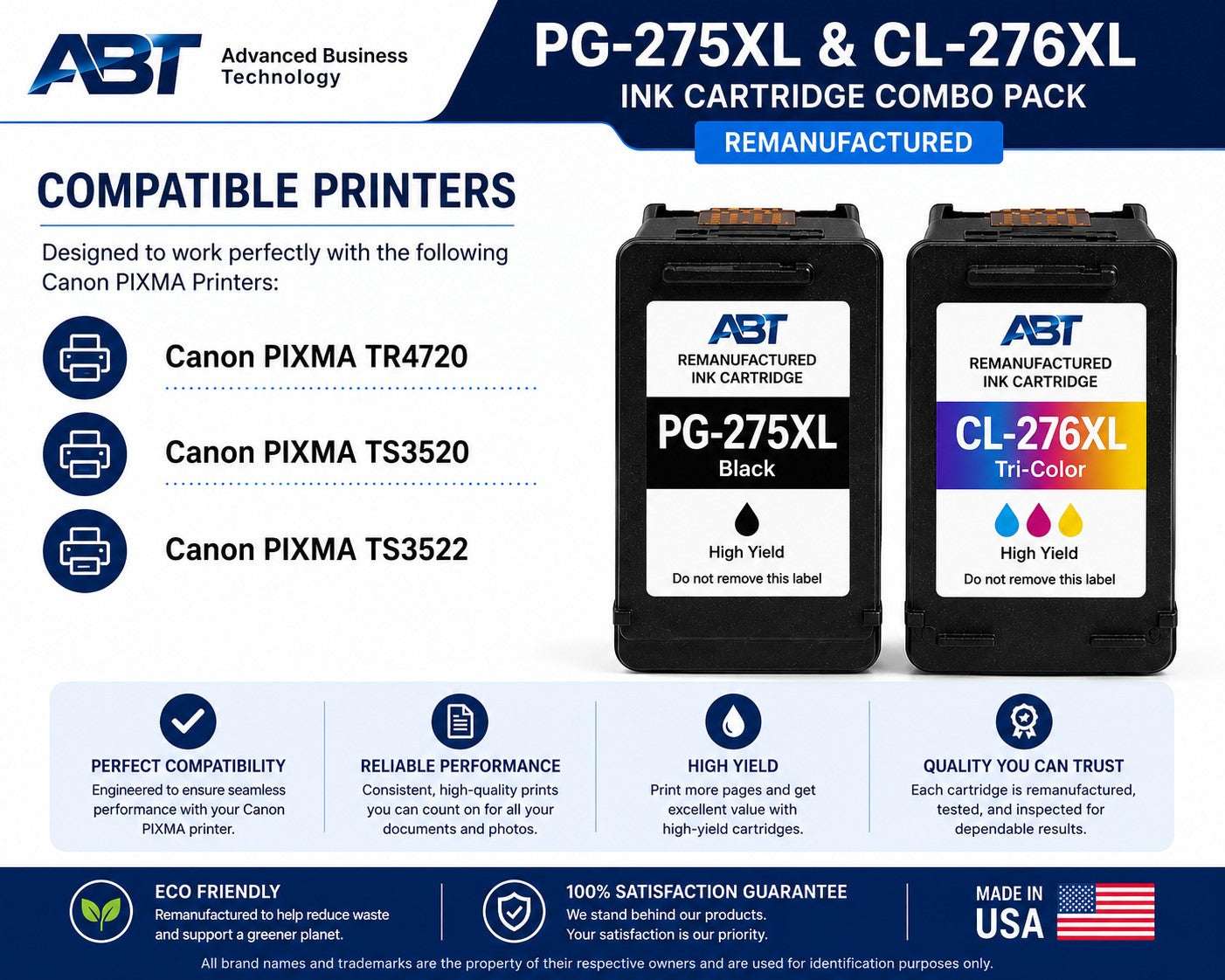 Advanced Business Technology remanufactured PG-275XL black and CL-276XL tri-color ink cartridges combo pack for Canon PIXMA printers.
