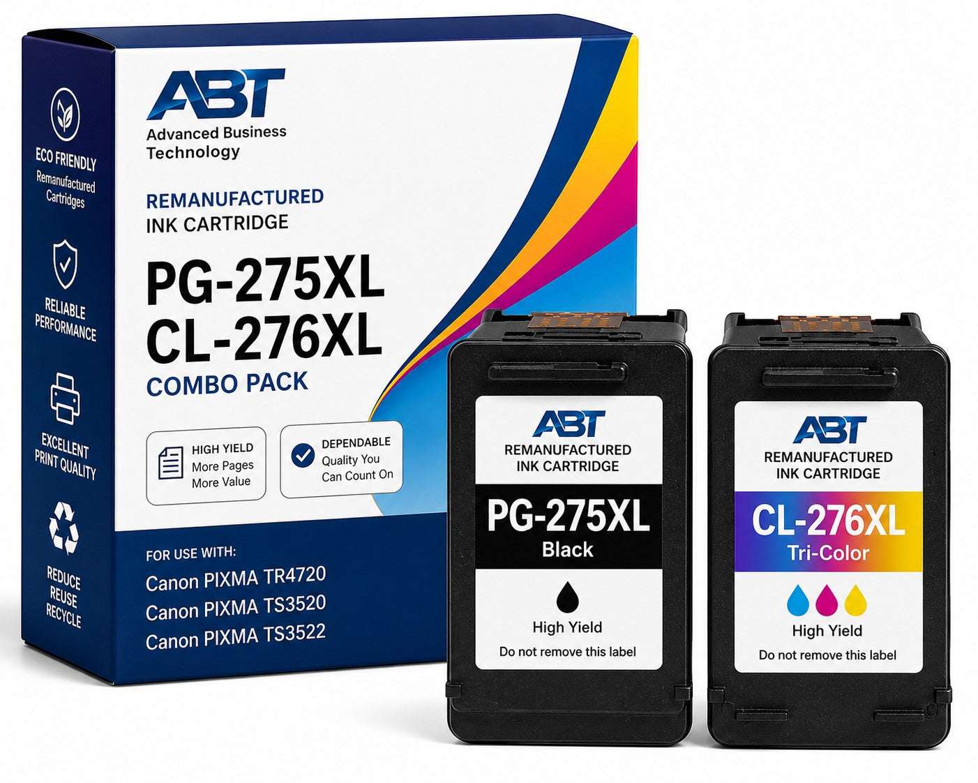 Advanced Business Technology remanufactured PG-275XL black and CL-276XL tri-color ink cartridges combo pack for Canon PIXMA printers.