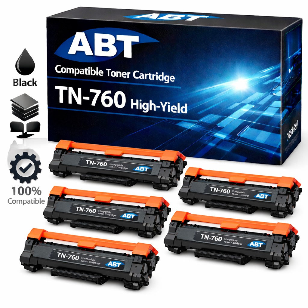 Packaging of the 5-pack TN760 black toner cartridges for Brother printers, featuring a solid black and orange design.