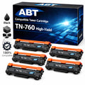 Packaging of the 5-pack TN760 black toner cartridges for Brother printers, featuring a solid black and orange design.