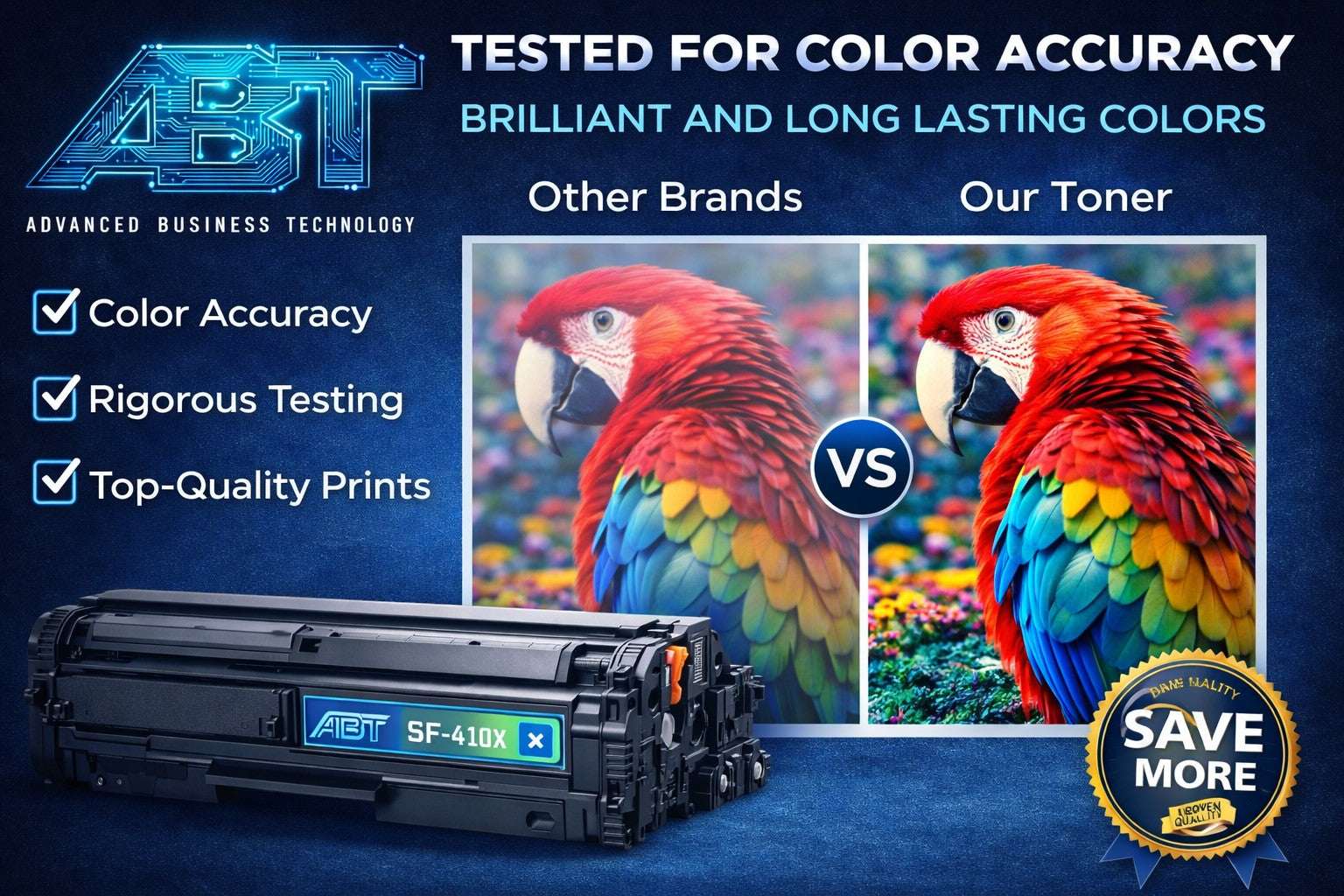 Lifestyle shot of Advanced Business Technology toner set with vibrant parrot print comparison using black, cyan, magenta,…