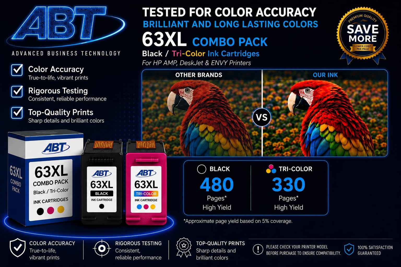 ABT Compatible 63XL Ink Cartridge Combo Pack Replacement for HP 63XL Black and Tri-Color Ink Cartridges High Yield 480 Black 330 Tri-Color Works with DeskJet 3630 OfficeJet 4655 ENVY 4520