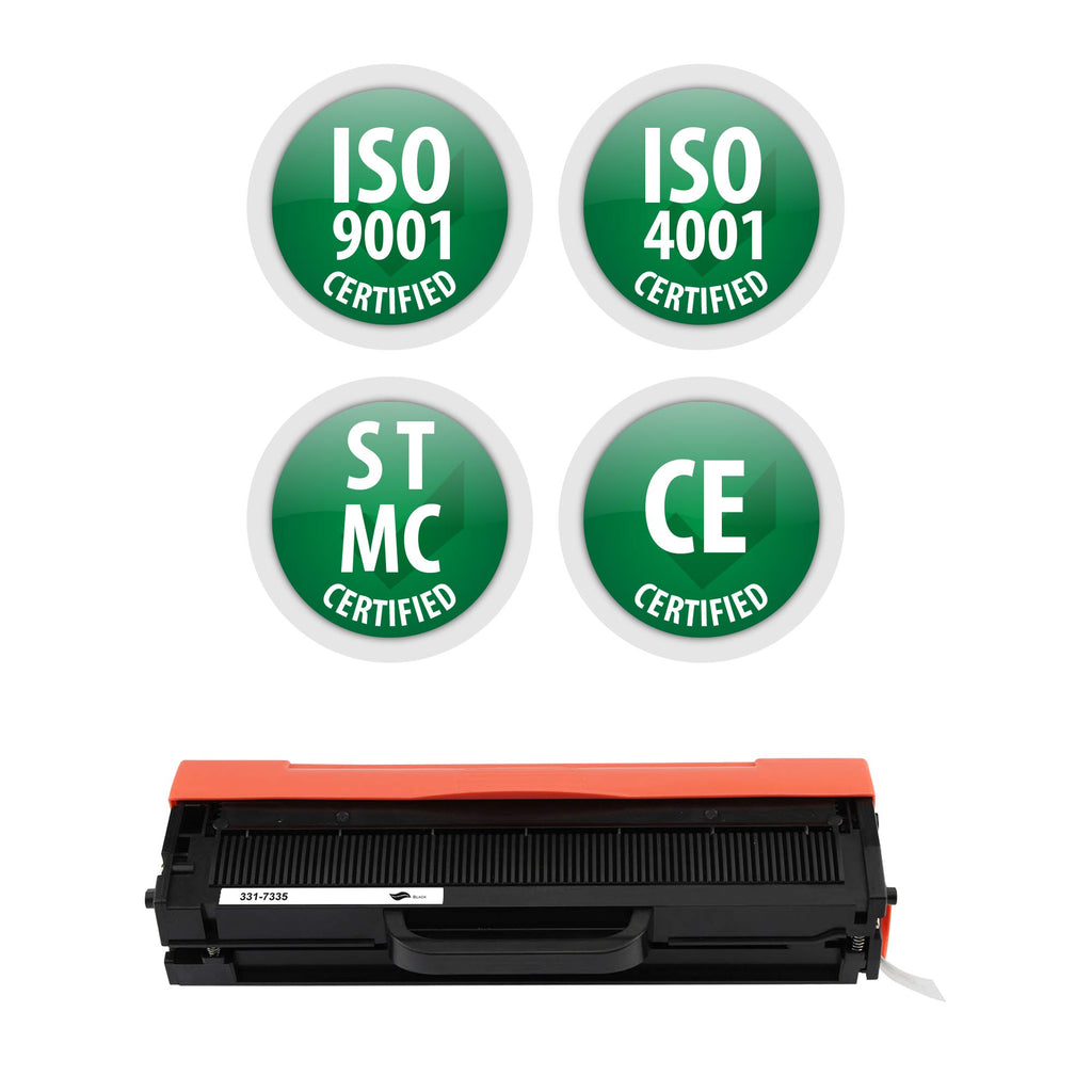 Black toner cartridge with orange top, ISO and CE certification icons