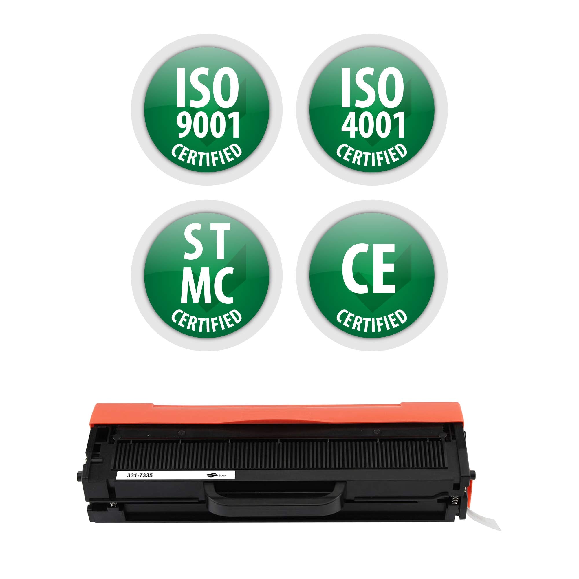 Black toner cartridge with orange top, ISO and CE certification icons