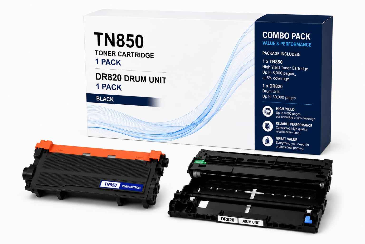 Front view of the packaging box for ABT Compatible TN850 toner cartridge and DR820 drum unit in black and orange.