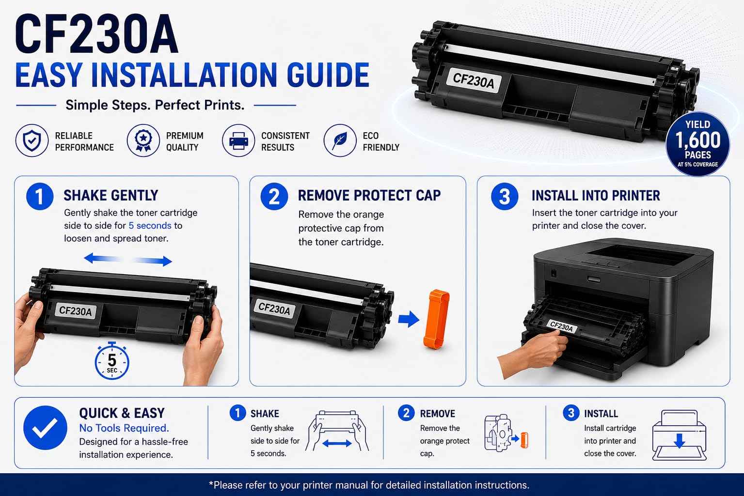 Illustrated printer installation guide for ABT Compatible CF230A Toner Cartridge 2-Pack, showing compatible models.