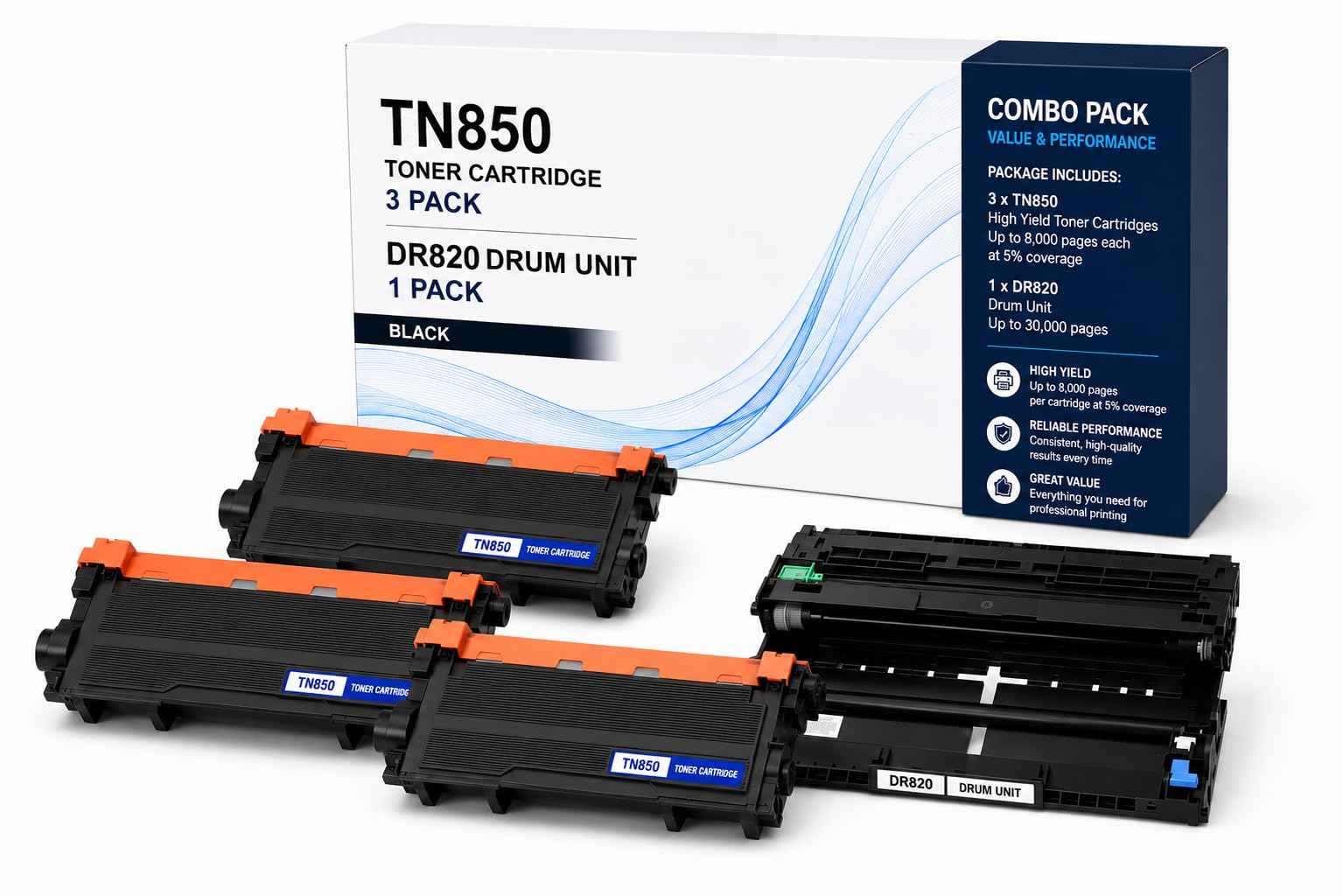 Front view of ABT Compatible TN850 Toner Cartridge 3-Pack, black and orange packaging with four cartridges.