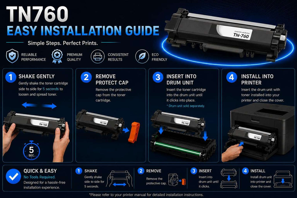 Installation guide packaging for TN760 toner cartridge with step-by-step instructions.