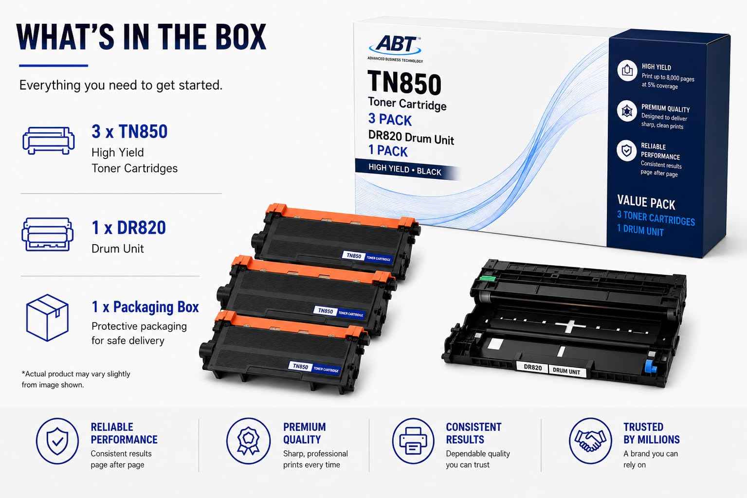 Front view of ABT Compatible TN850 Toner Cartridge 3-Pack, black, orange, and blue packaging highlighting contents.