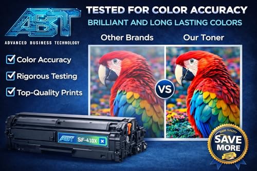 Black toner cartridge shown with side-by-side color print comparison cards