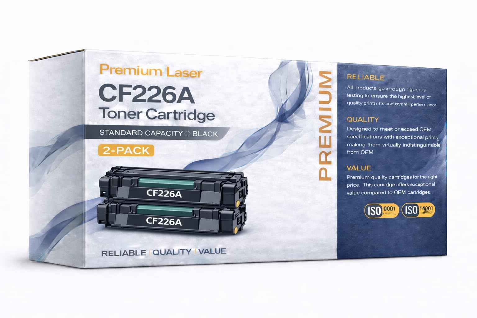 Front view of ABT compatible CF226A toner cartridge 2-pack in blue and white packaging.