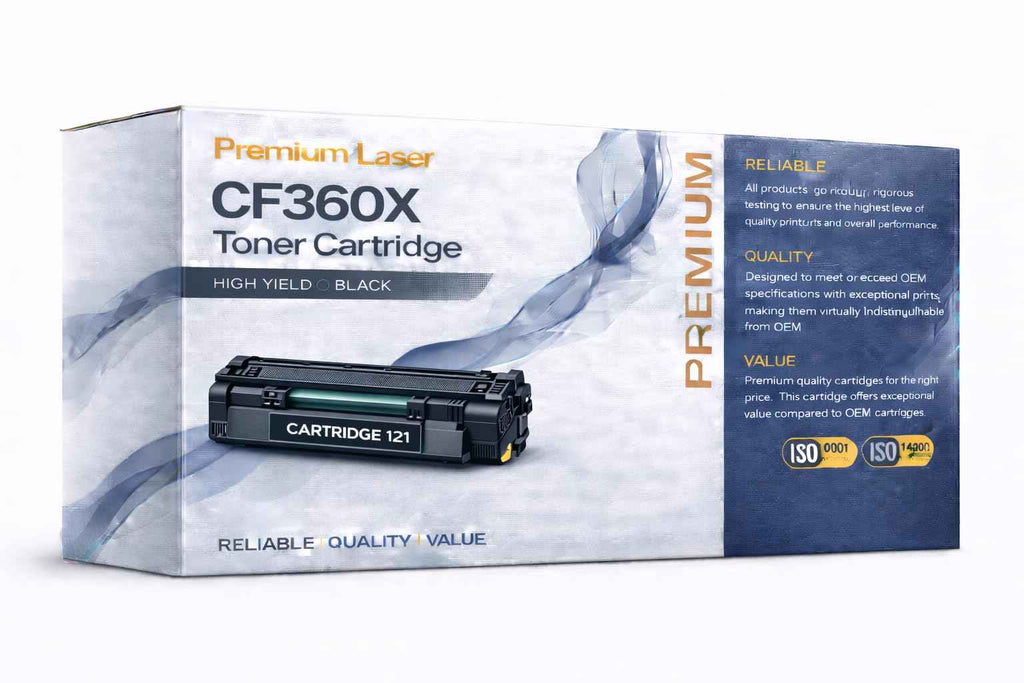 CF360X Black Toner Cartridge 508X box showing high yield performance and ISO certification for HP LaserJet printers.