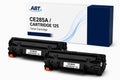 Front view of ABT compatible CE285A toner cartridge 2-pack in box packaging, black color.