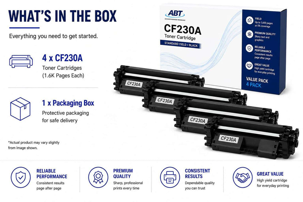 Packaging of printer toner cartridges, featuring four black cartridges with easy installation instructions on a white back…