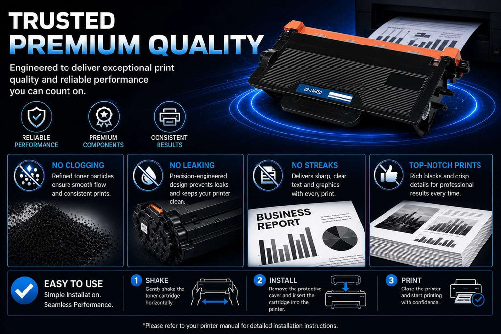 Quality assurance image for ABT TN850 toner, emphasizing premium quality and trusted brand.