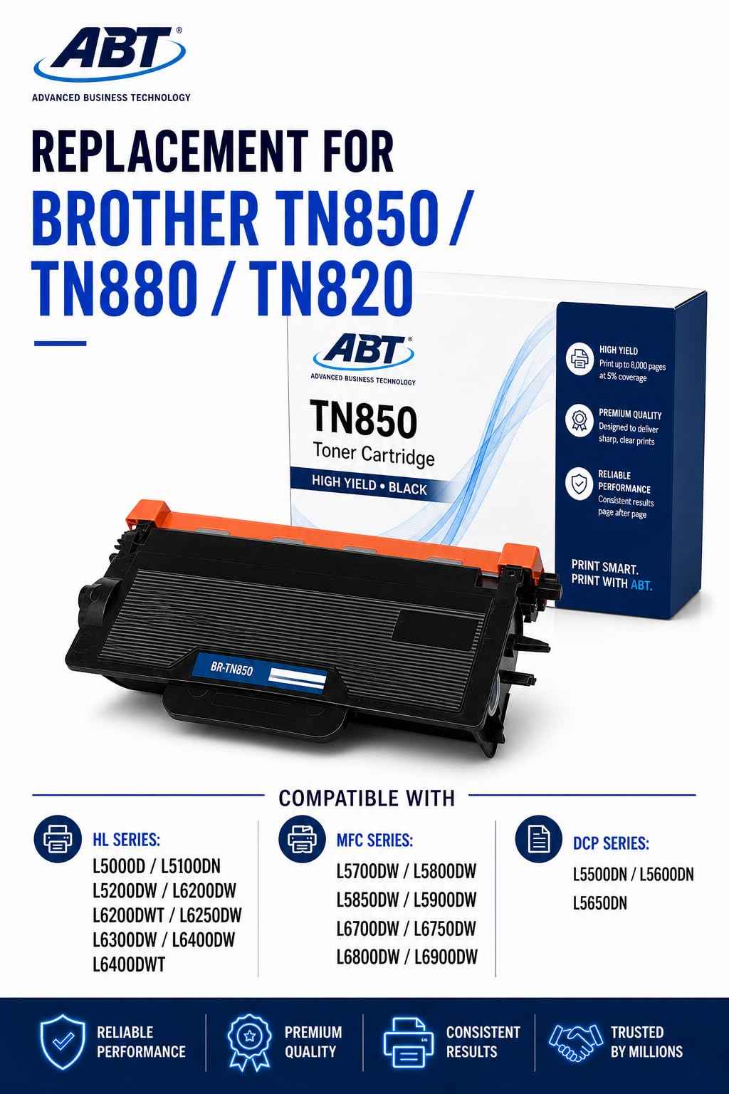 Close-up of ABT TN850 toner cartridge packaging showing compatible models and brand logo in black, blue, and white.