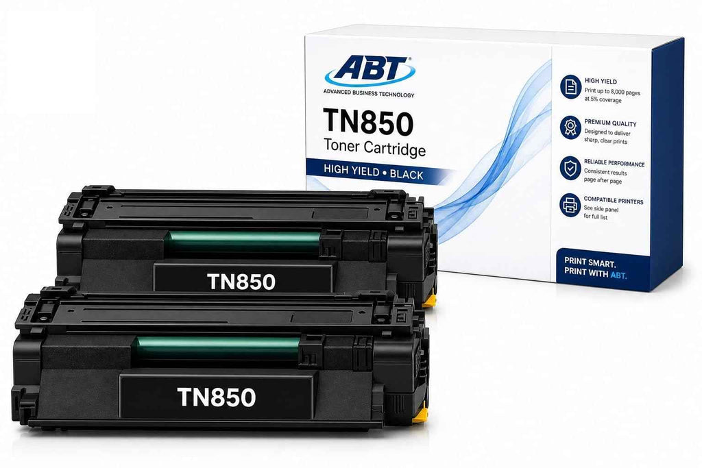 Front view of ABT TN850 toner cartridges in packaging, high yield black 2-pack, compatible with Brother printers.