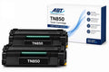 Front view of ABT TN850 toner cartridges in packaging, high yield black 2-pack, compatible with Brother printers.