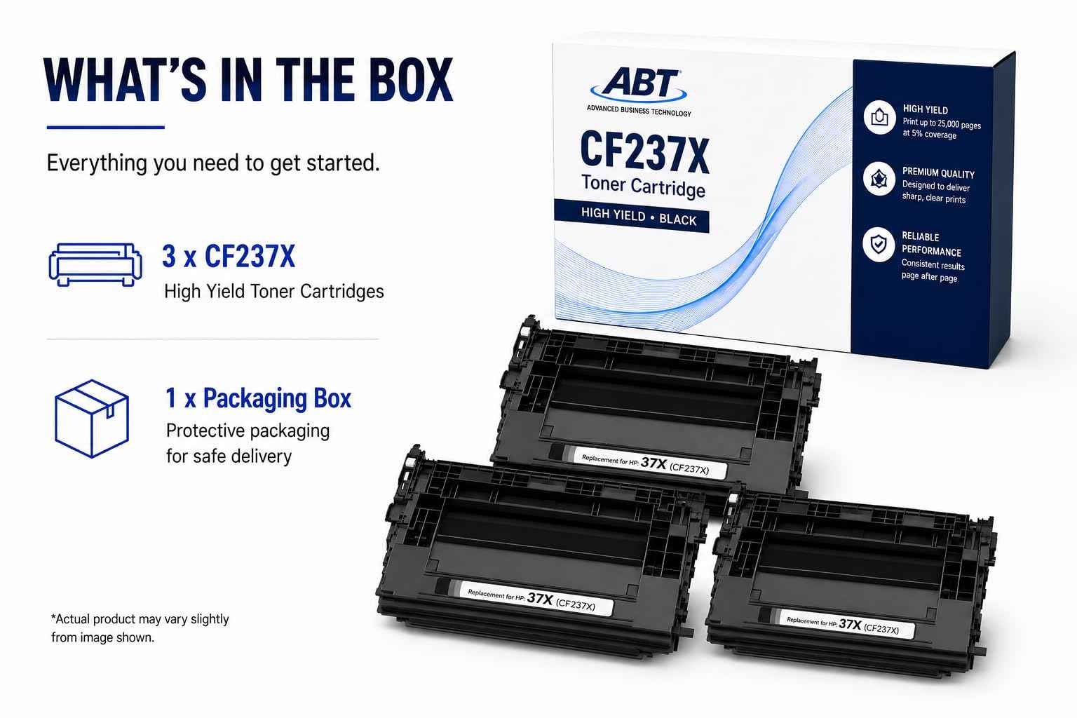 Front view of the ABT compatible CF237X toner cartridge 3-pack showing what's in the box.