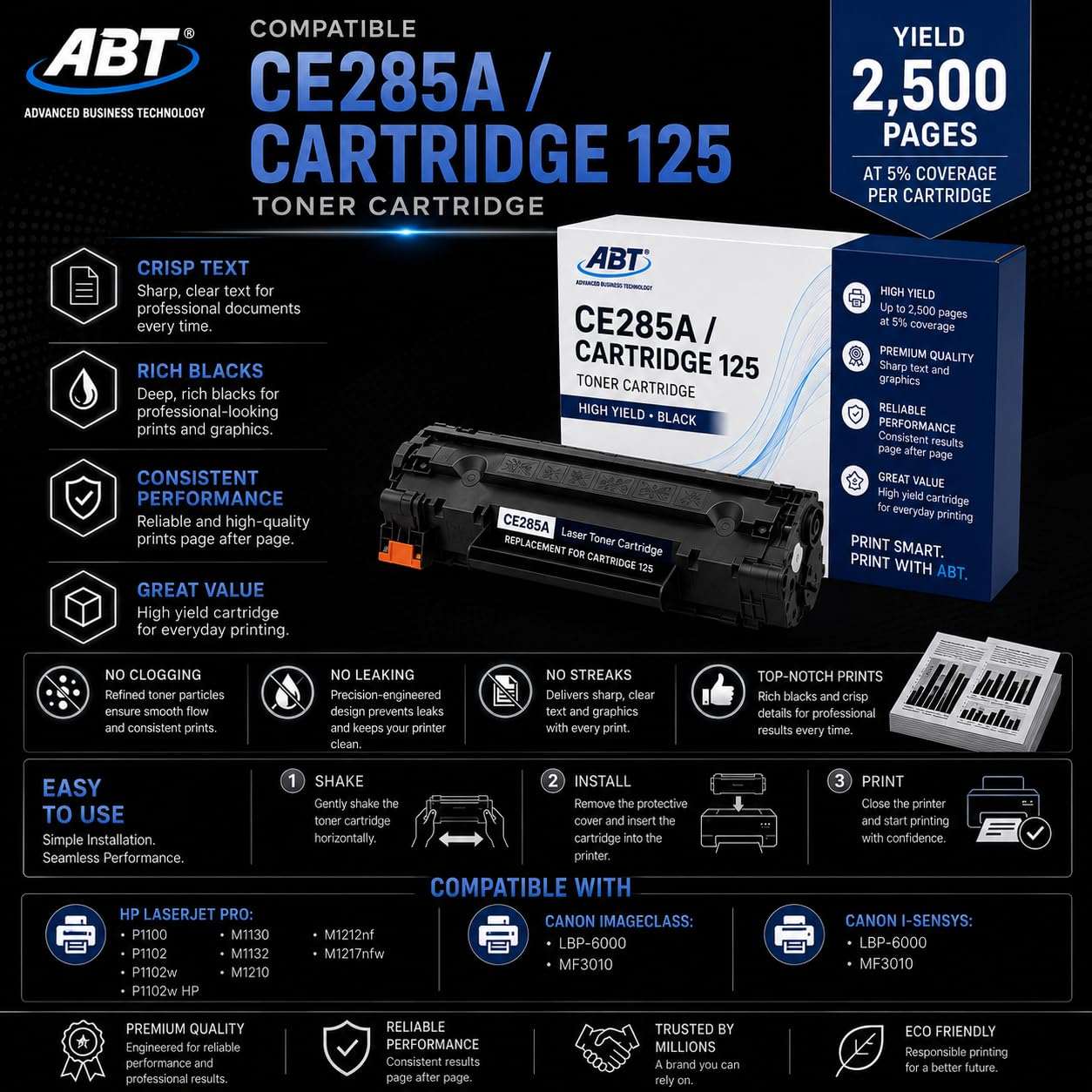 Detail close-up of product information on ABT Compatible CE285A toner cartridge packaging in black, blue, and white.