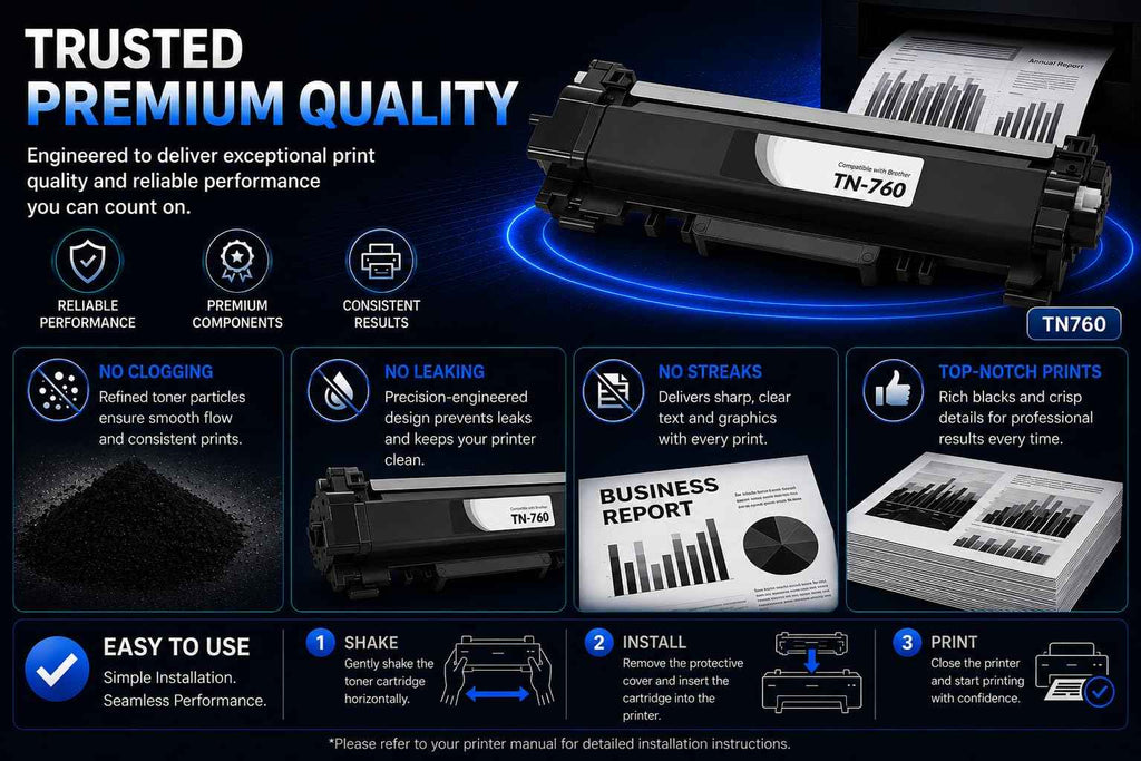 Detail close-up showing premium quality information of the black TN760 toner cartridge.