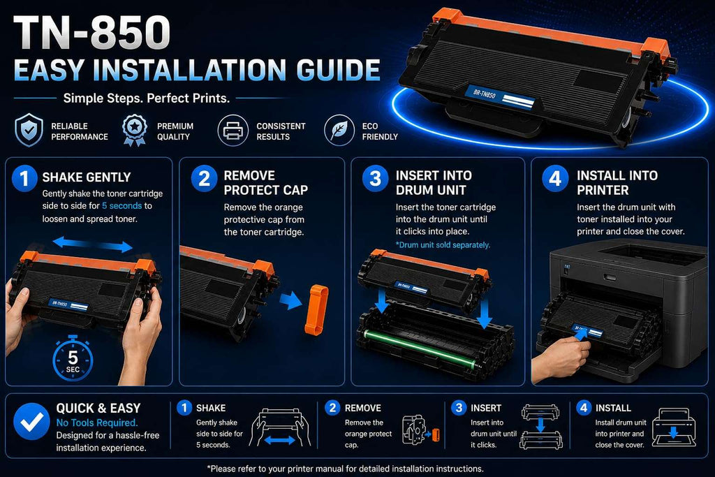 Front view of the installation guide for the ABT TN850 toner cartridge with step-by-step instructions in blue and black.