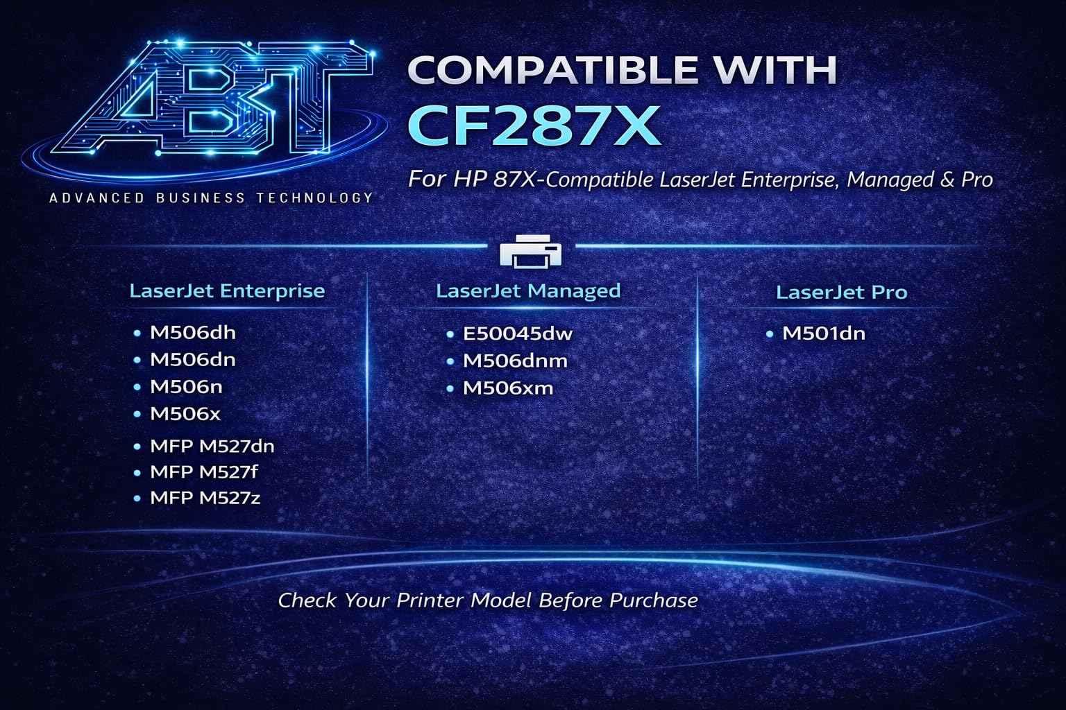 Compatible CF287X toner cartridge graphic with LaserJet model list