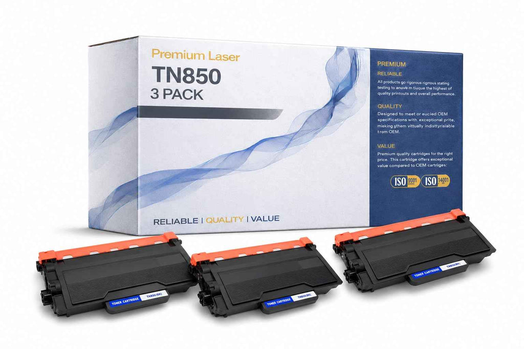 Packaging view of ABT TN850 toner cartridge 3-pack in black, blue, and white colors with brand logo.