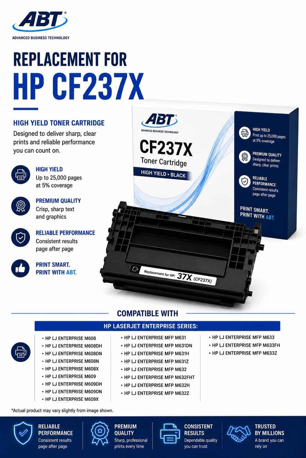 Close-up detail of a black ABT compatible CF237X toner cartridge.
