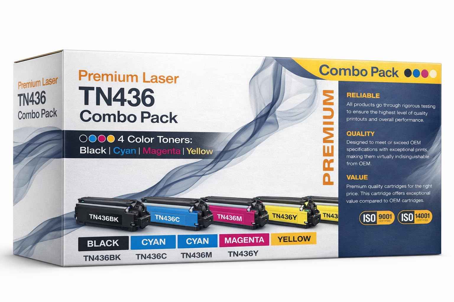 Front view of ABT TN436 toner combo pack featuring black, cyan, magenta, and yellow cartridges on a white background.