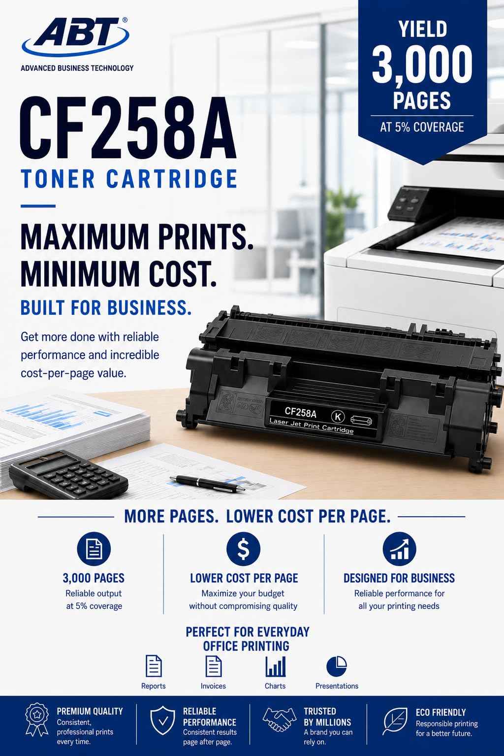 Front view of ABT compatible HP 58A CF258A toner cartridge black 2-pack packaging highlighting maximum prints.