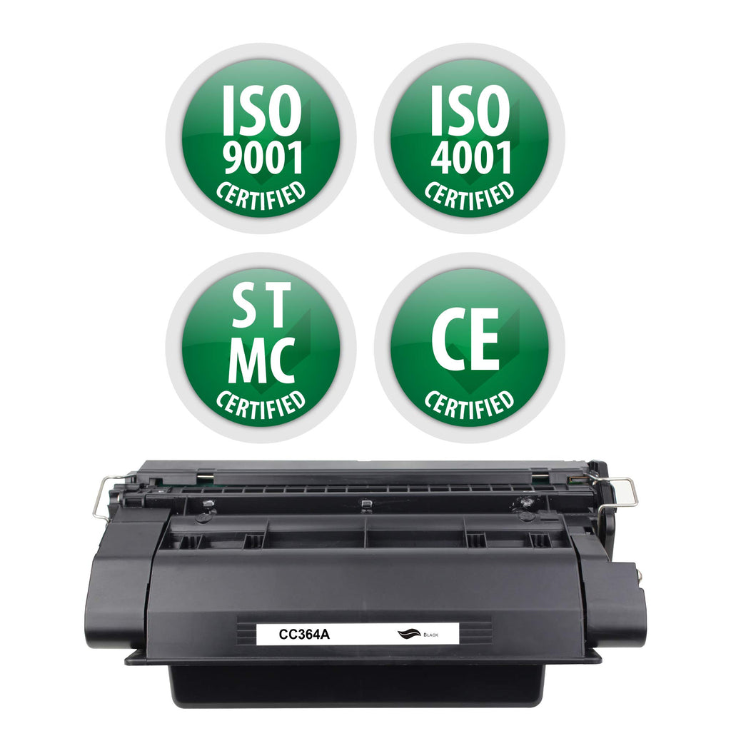 Black toner cartridge with certification seals and CC364A label