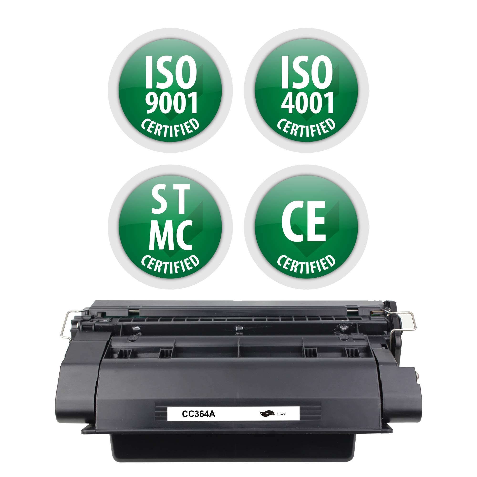 Black toner cartridge with certification seals and CC364A label