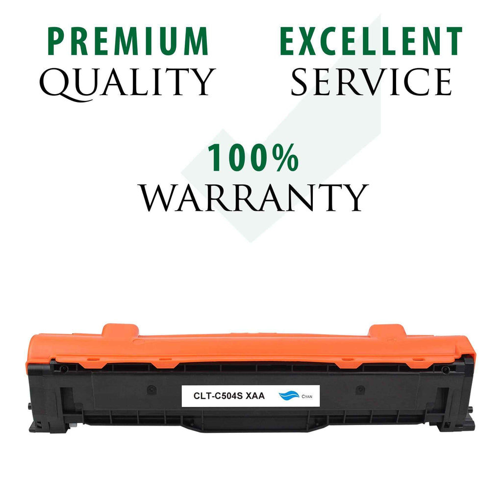 Cyan toner cartridge with orange top and black body, front label visible