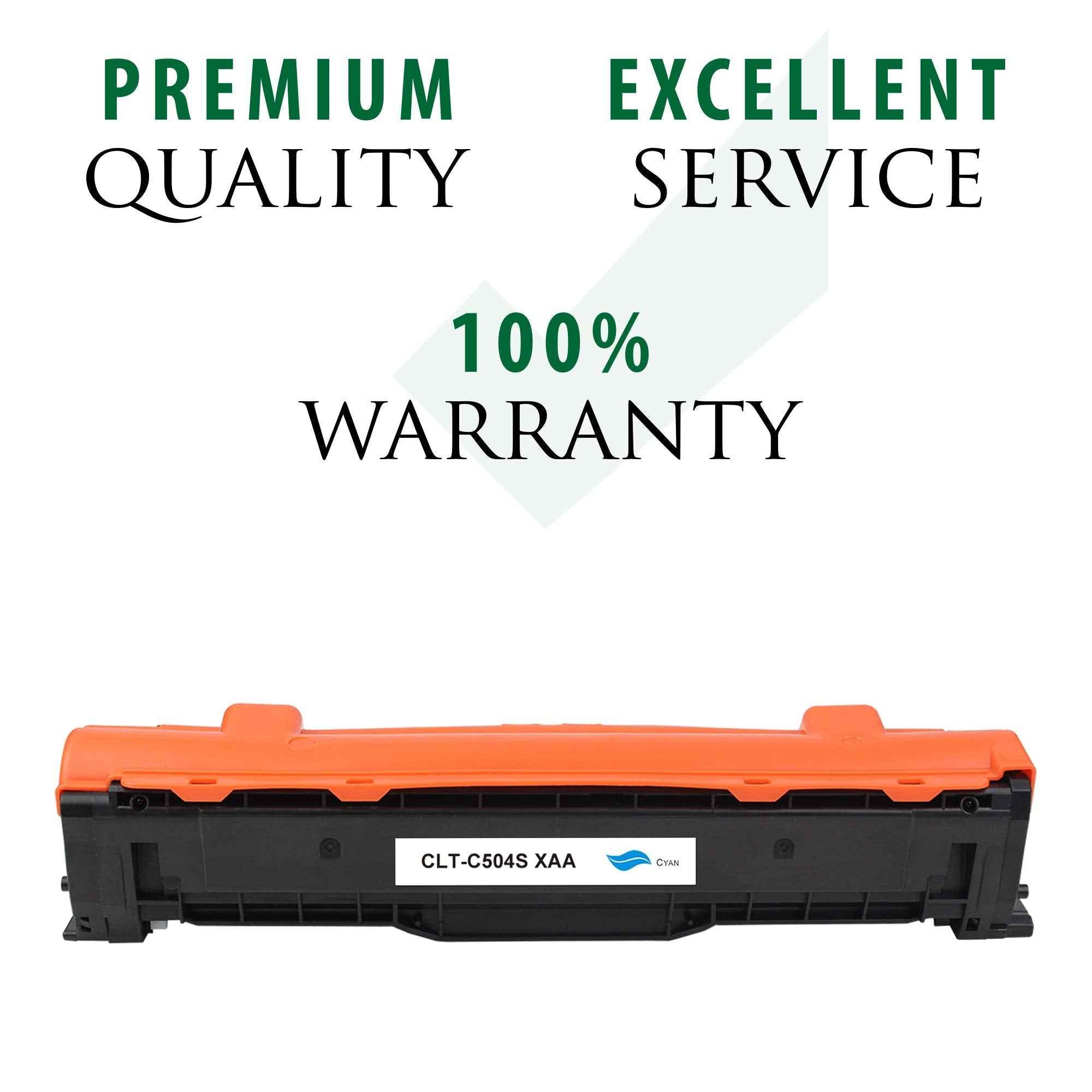 Cyan toner cartridge with orange top and black body, front label visible