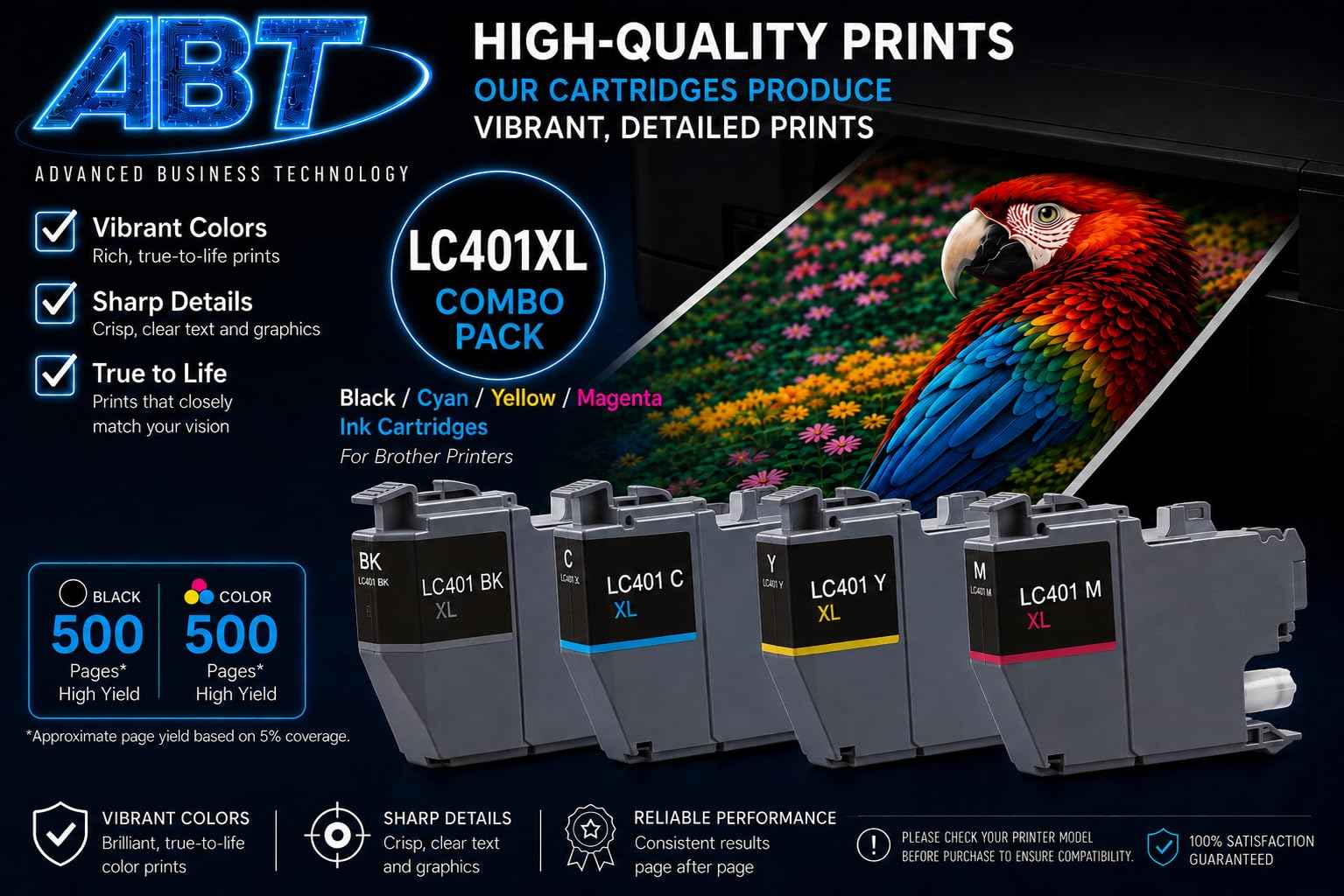 ABT Compatible LC401XL Ink Cartridge Combo Pack 2 Pack Replacement for Brother LC401XL Black Cyan Magenta Yellow Ink Cartridges High Yield Works with MFC-J1010DW MFC-J1012DW MFC-J1170DW