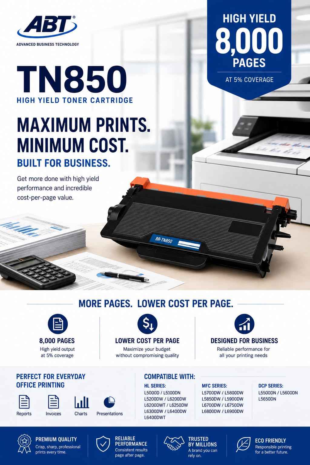 Advertisement for ABT TN850 toner cartridges, showcasing cost-effectiveness and high performance.
