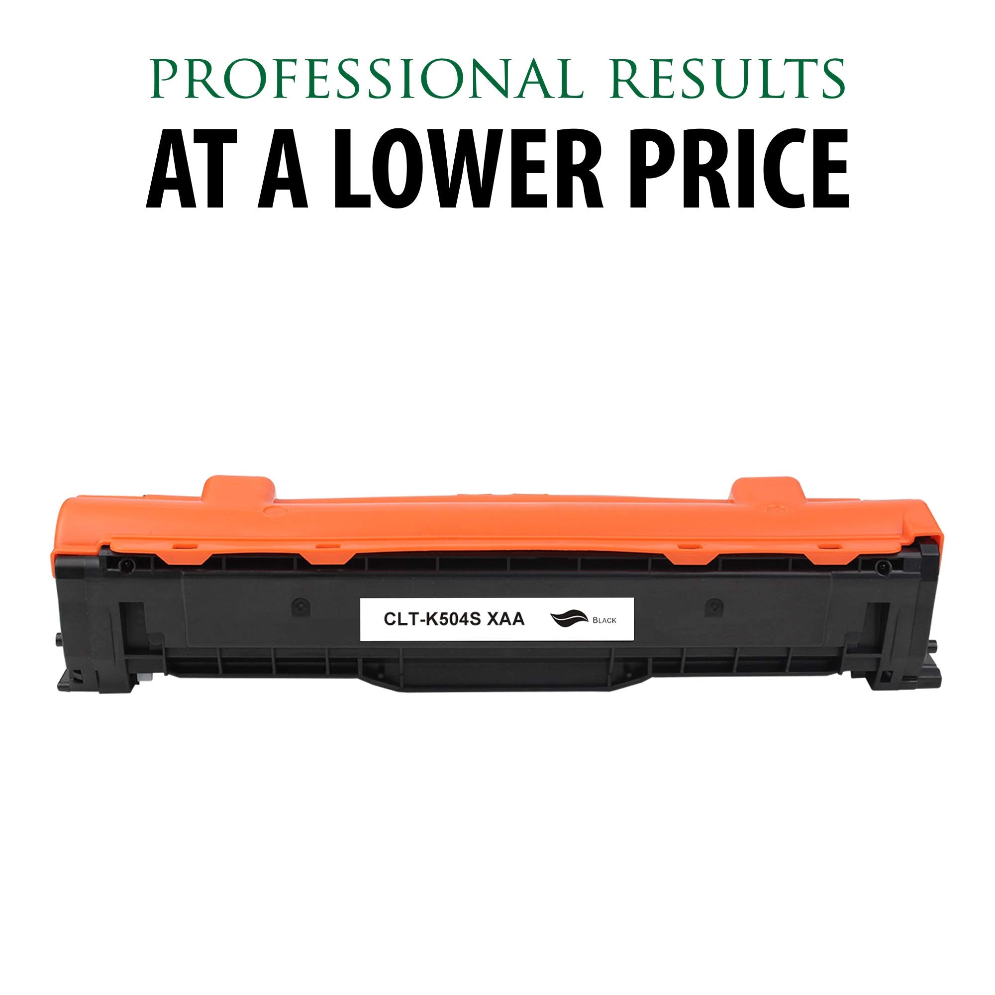Black toner cartridge with orange top, side view showing label.