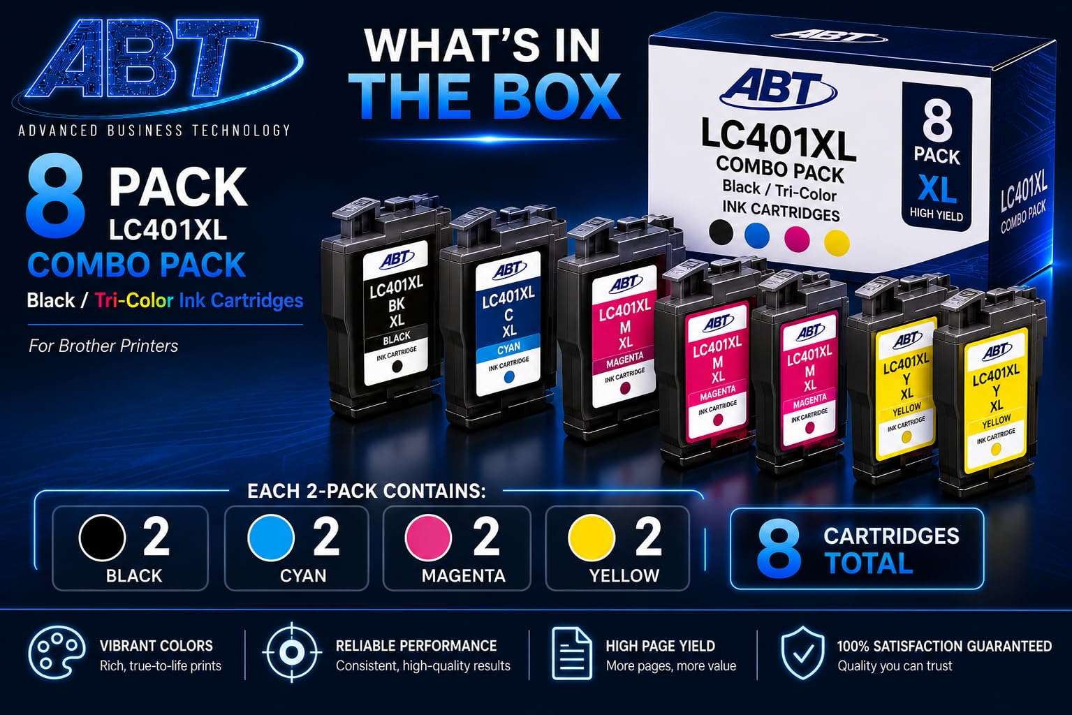 ABT Compatible LC401XL Ink Cartridge Combo Pack 2 Pack Replacement for Brother LC401XL Black Cyan Magenta Yellow Ink Cartridges High Yield Works with MFC-J1010DW MFC-J1012DW MFC-J1170DW