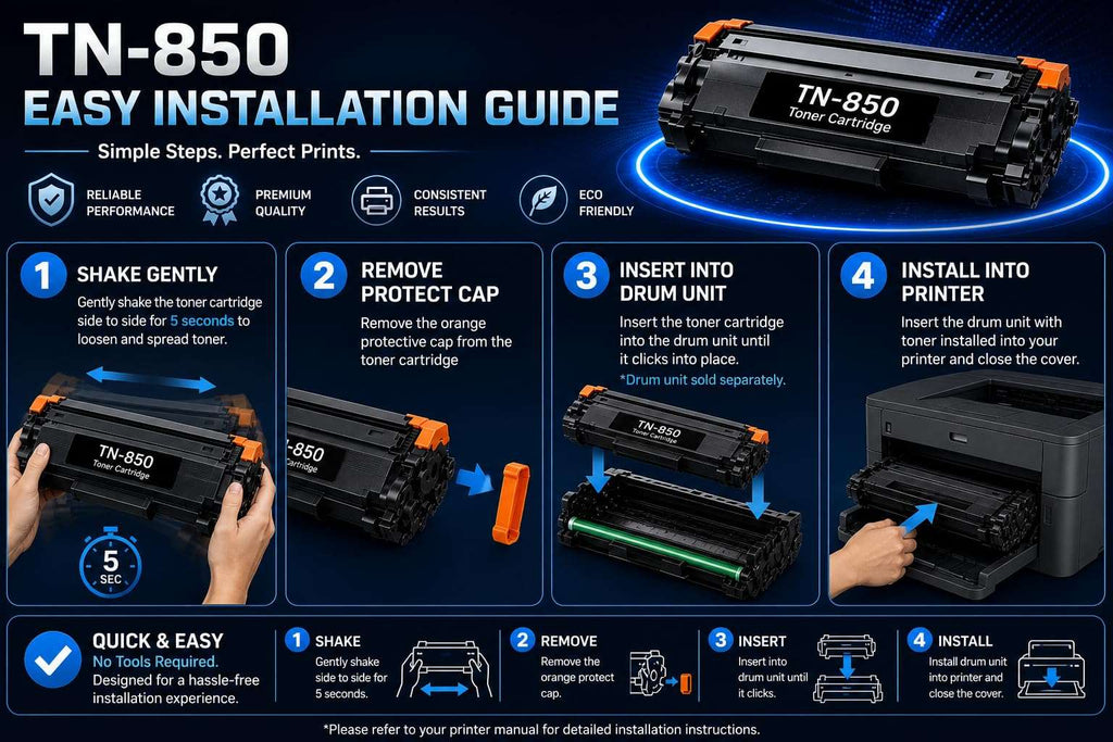 Installation guide for ABT toner, featuring easy installation steps with user-friendly design on a blue and orange backgro…