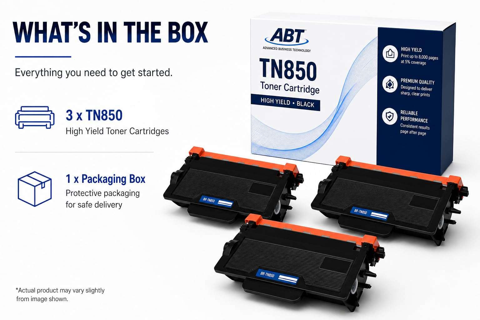 Product information shot displaying contents of the ABT TN850 toner cartridge box with brand logo in blue, black, and white.