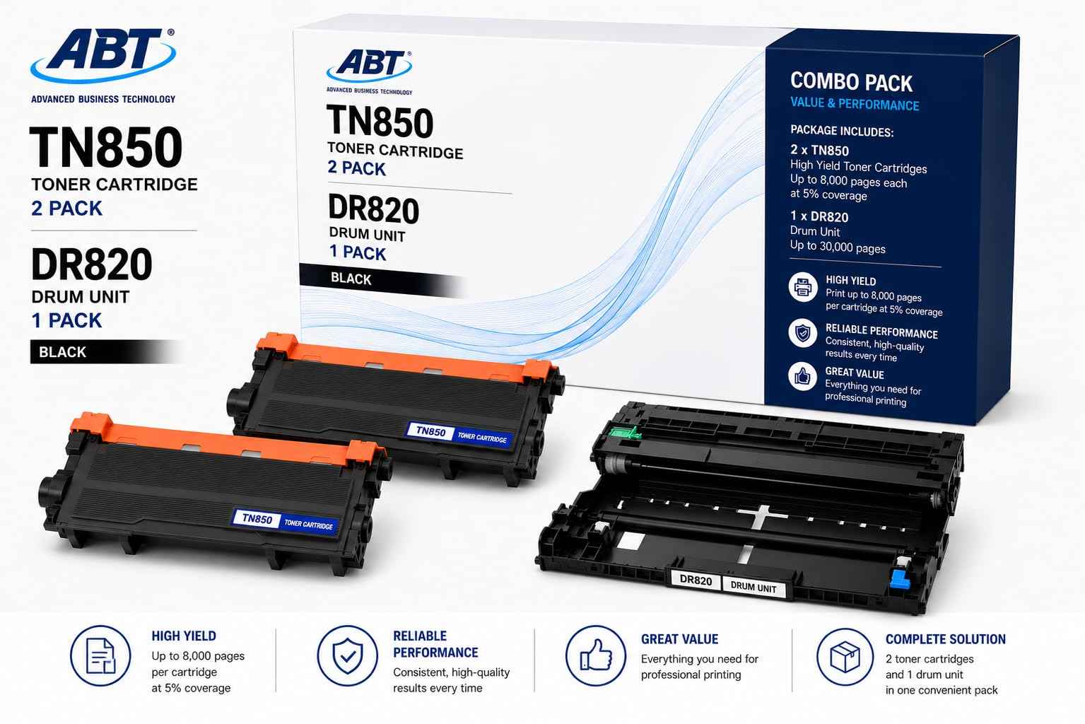 Front view of ABT compatible TN850 toner cartridge 2-pack with packaging box, black and orange colors.