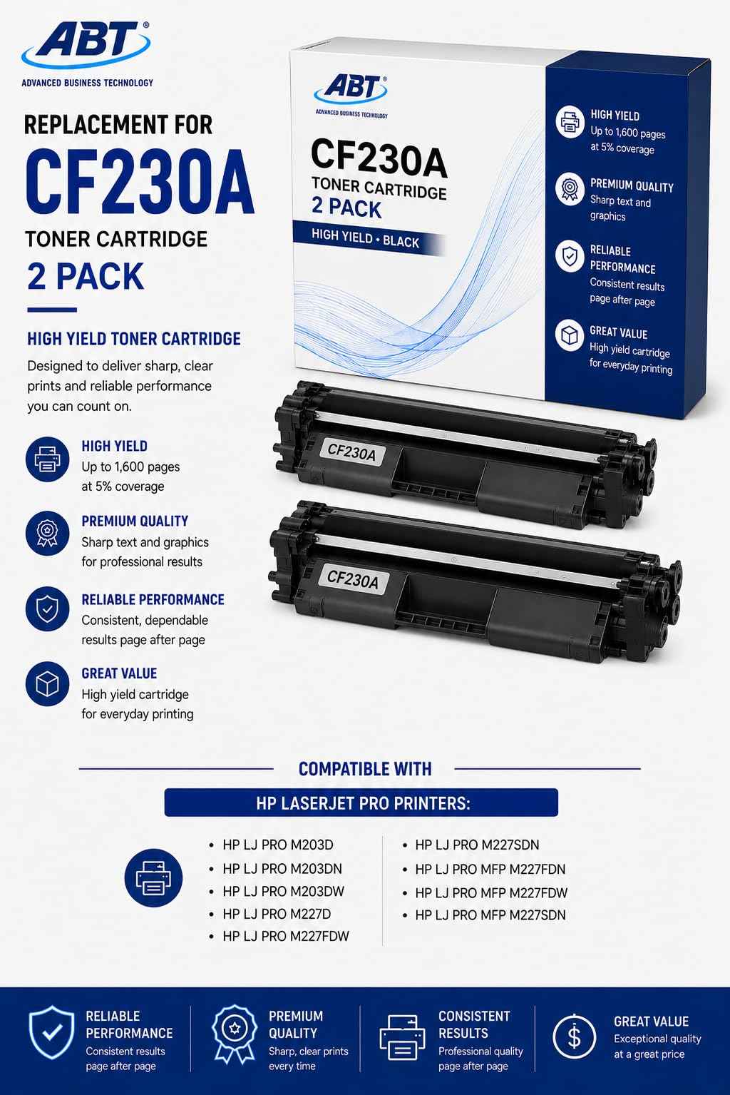 Packaging of ABT Compatible CF230A Toner Cartridge 2-Pack, highlighting easy installation and high yield.