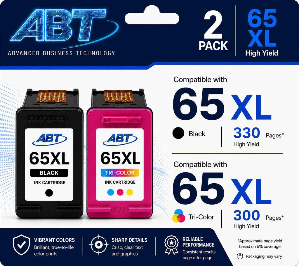 ABT Compatible 65XL Ink Cartridge Combo Pack Replacement for HP 65XL Black and Tri-Color Ink Cartridges High Yield 330 Black 300 Tri-Color Works with DeskJet 3755 2655 ENVY 5055e